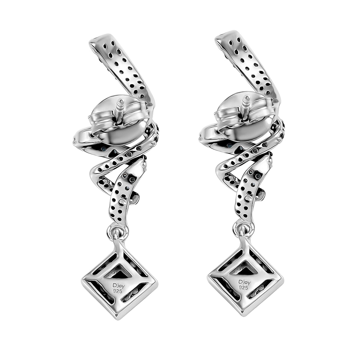 Blue Diamond 1.00 ctw Spiral Drop Earrings in Rhodium Over Sterling Silver  image number 3