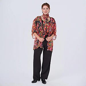 Multi Rose Chiffon Kimono, Scarf, and Scrunchie Set - One Size Fits Most