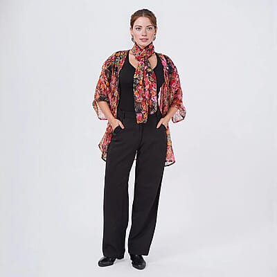 Multi Rose Chiffon Kimono, Scarf, and Scrunchie Set - One Size Fits Most