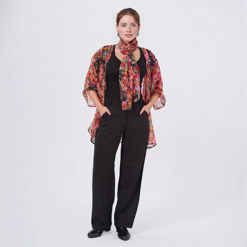 Multi Rose Chiffon Kimono, Scarf, and Scrunchie Set - One Size Fits Most