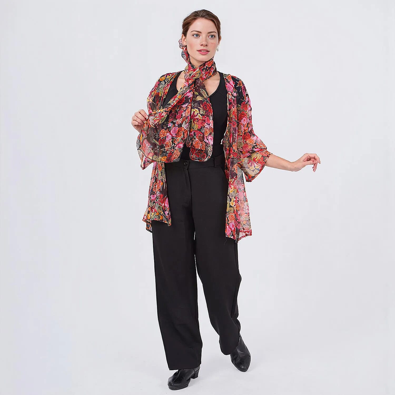 Multi Rose Chiffon Kimono, Scarf, and Scrunchie Set - One Size Fits Most