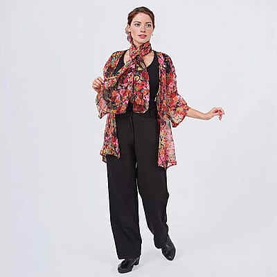 Multi Rose Chiffon Kimono, Scarf, and Scrunchie Set - One Size Fits Most