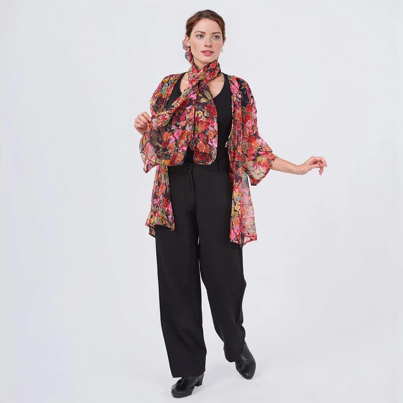 Multi Rose Chiffon Kimono, Scarf, and Scrunchie Set - One Size Fits Most