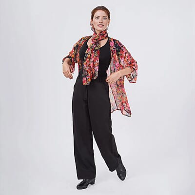 Multi Rose Chiffon Kimono, Scarf, and Scrunchie Set - One Size Fits Most