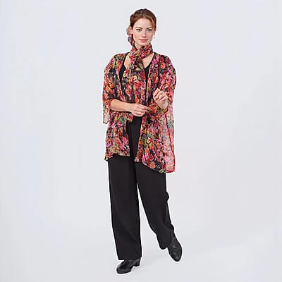 Multi Rose Chiffon Kimono, Scarf, and Scrunchie Set - One Size Fits Most