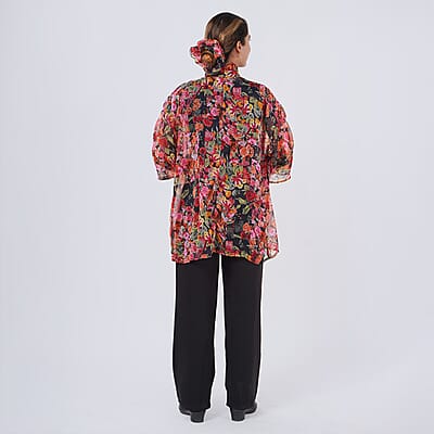 Multi Rose Chiffon Kimono, Scarf, and Scrunchie Set - One Size Fits Most