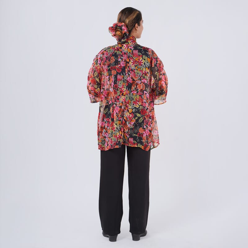 Multi Rose Chiffon Kimono, Scarf, and Scrunchie Set - One Size Fits Most