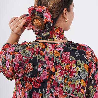 Multi Rose Chiffon Kimono, Scarf, and Scrunchie Set - One Size Fits Most