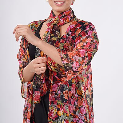Multi Rose Chiffon Kimono, Scarf, and Scrunchie Set - One Size Fits Most