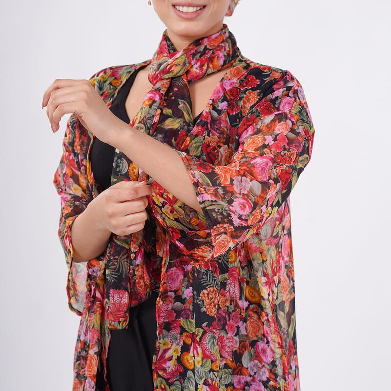 Multi Rose Chiffon Kimono, Scarf, and Scrunchie Set - One Size Fits Most