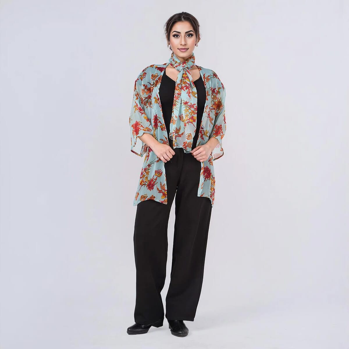 Multi Mint Floral Chiffon Kimono, Scarf, and Scrunchie Set - One Size Fits Most image number 0
