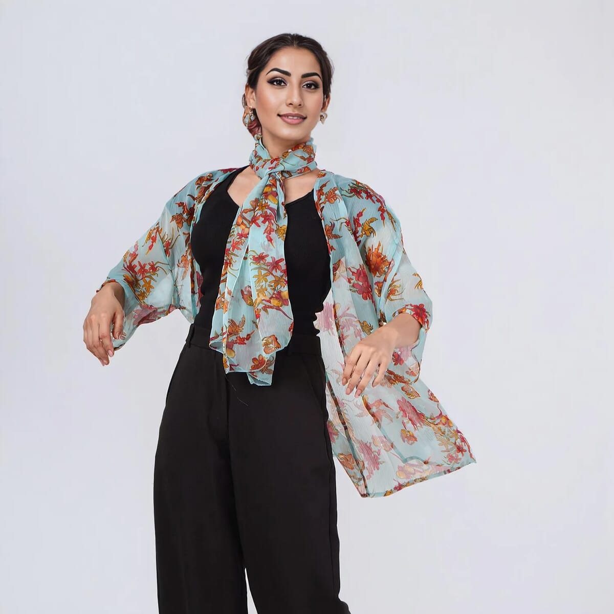 Multi Mint Floral Chiffon Kimono, Scarf, and Scrunchie Set - One Size Fits Most image number 1
