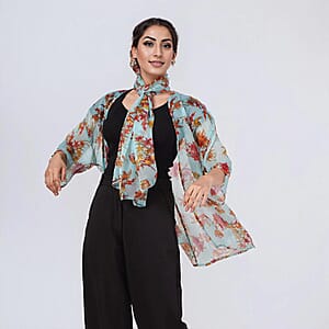 Multi Mint Floral Chiffon Kimono, Scarf, and Scrunchie Set - One Size Fits Most