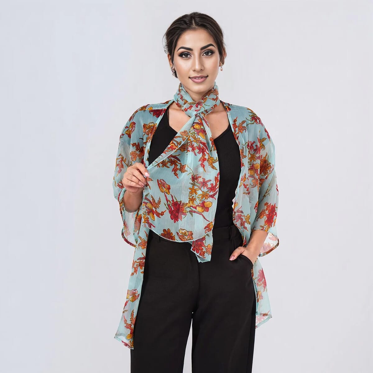 Multi Mint Floral Chiffon Kimono, Scarf, and Scrunchie Set - One Size Fits Most image number 2