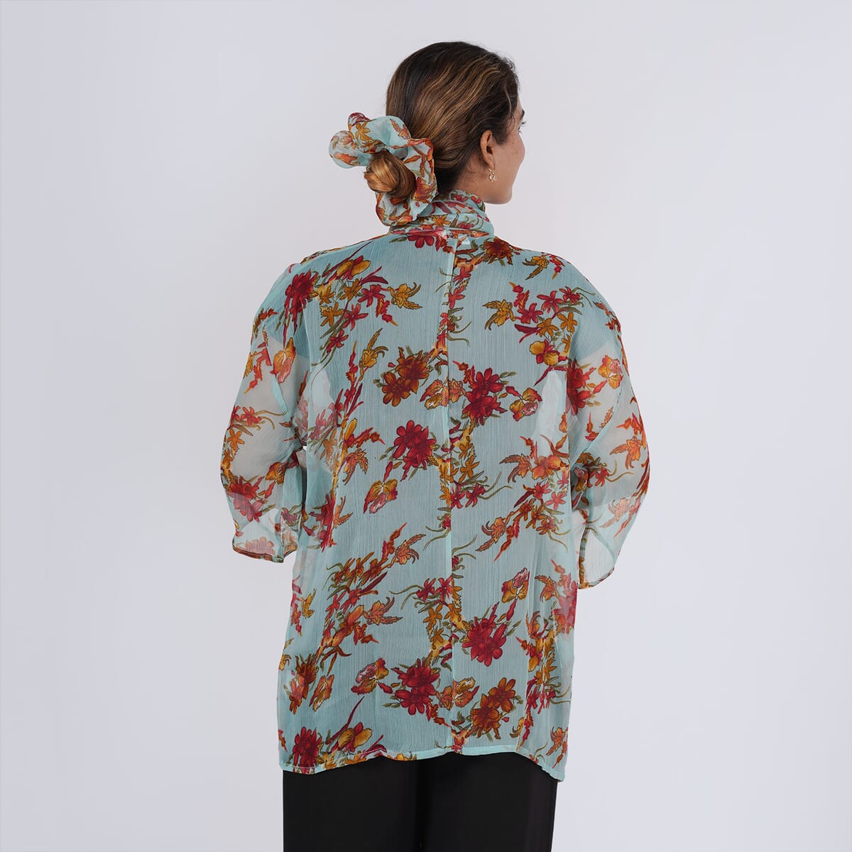 Multi Mint Floral Chiffon Kimono, Scarf, and Scrunchie Set - One Size Fits Most image number 3