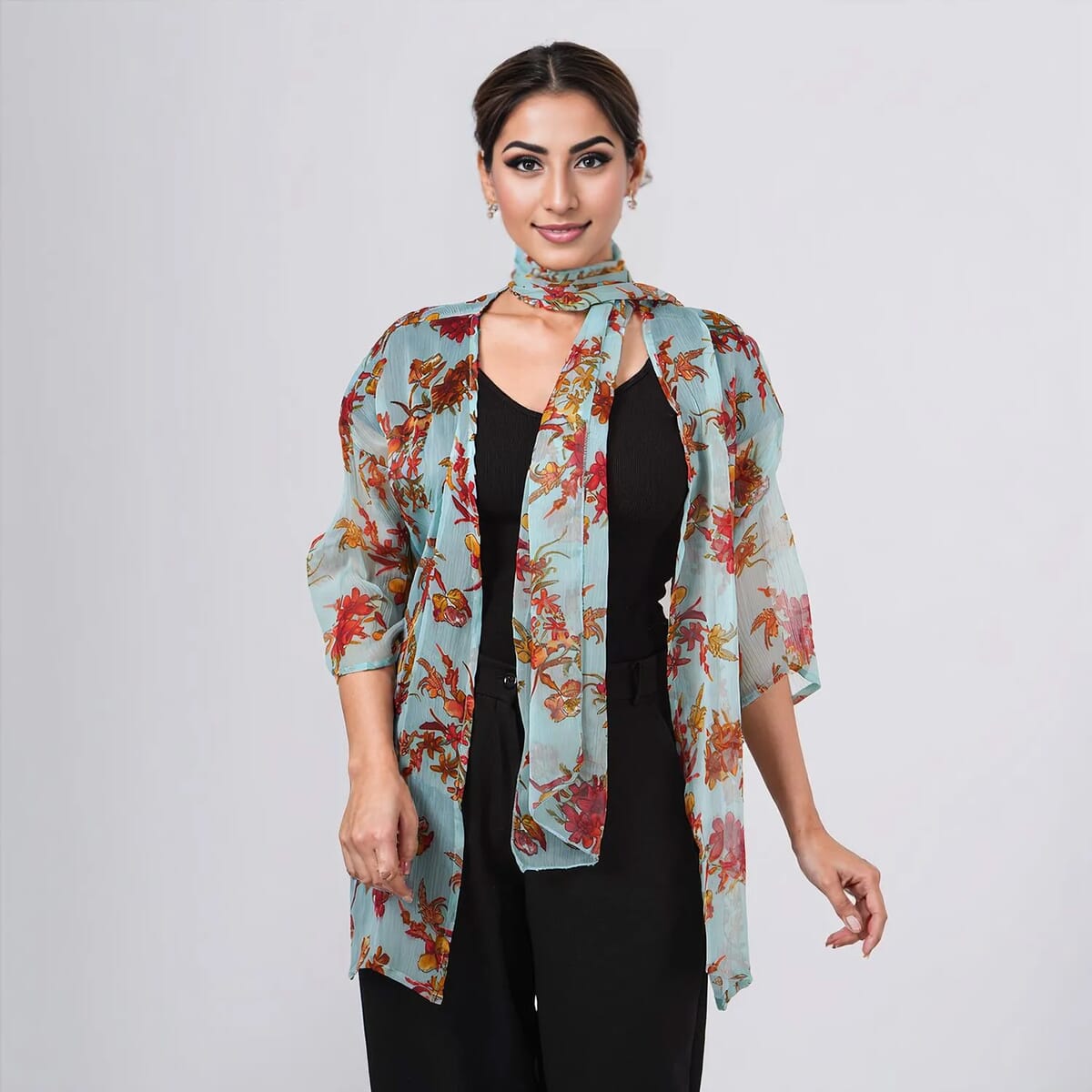 Multi Mint Floral Chiffon Kimono, Scarf, and Scrunchie Set - One Size Fits Most image number 5