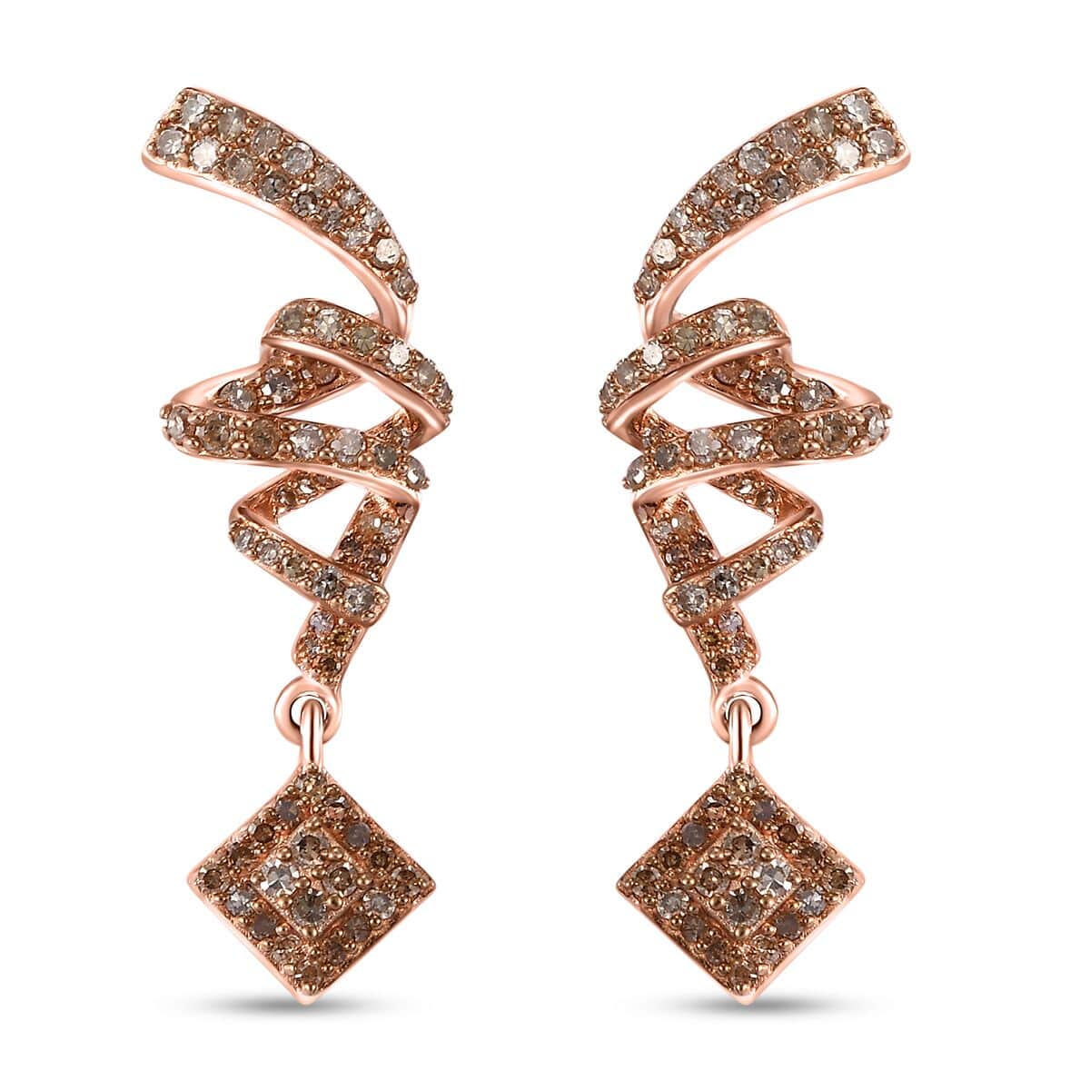 Natural Champagne Diamond 1.00 ctw Spiral Drop Earrings in 18K Vermeil Rose Gold Over Sterling Silver image number 0