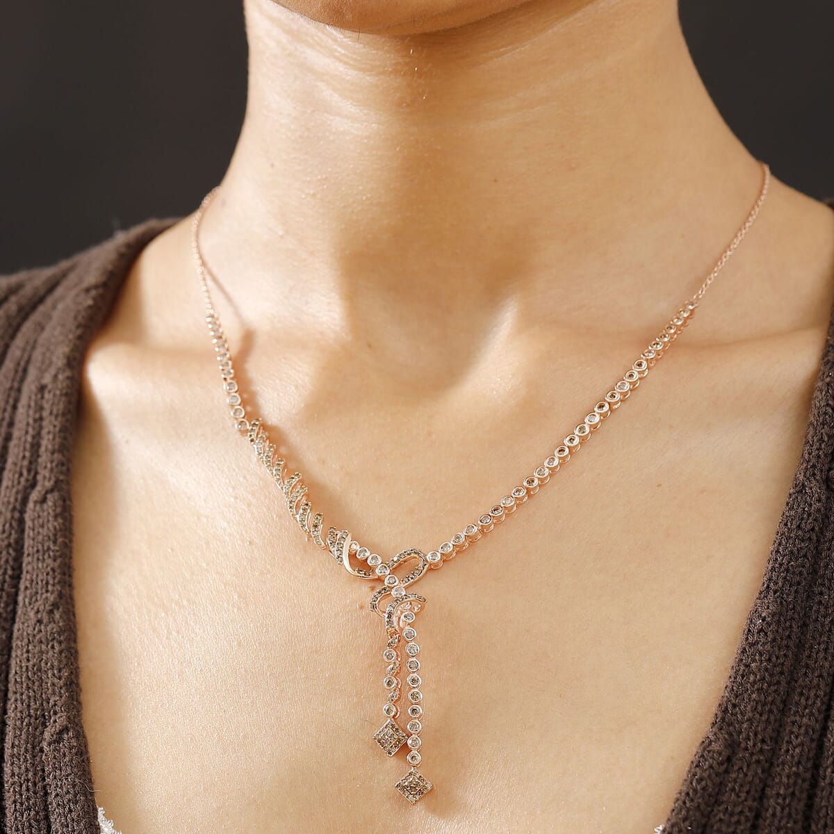D'Joy Natural Champagne Diamond 2.75 ctw Knotted Necklace in 18K Vermeil Rose Gold Over Sterling Silver 18 Inches image number 2