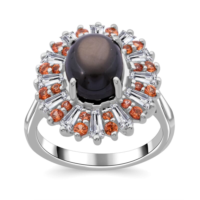 Bankacha Natural Black Star Sapphire and Multi Gemstone 6.50 ctw Celestial Eclipse Ring in Rhodium Over Sterling Silver (Size 10.0)