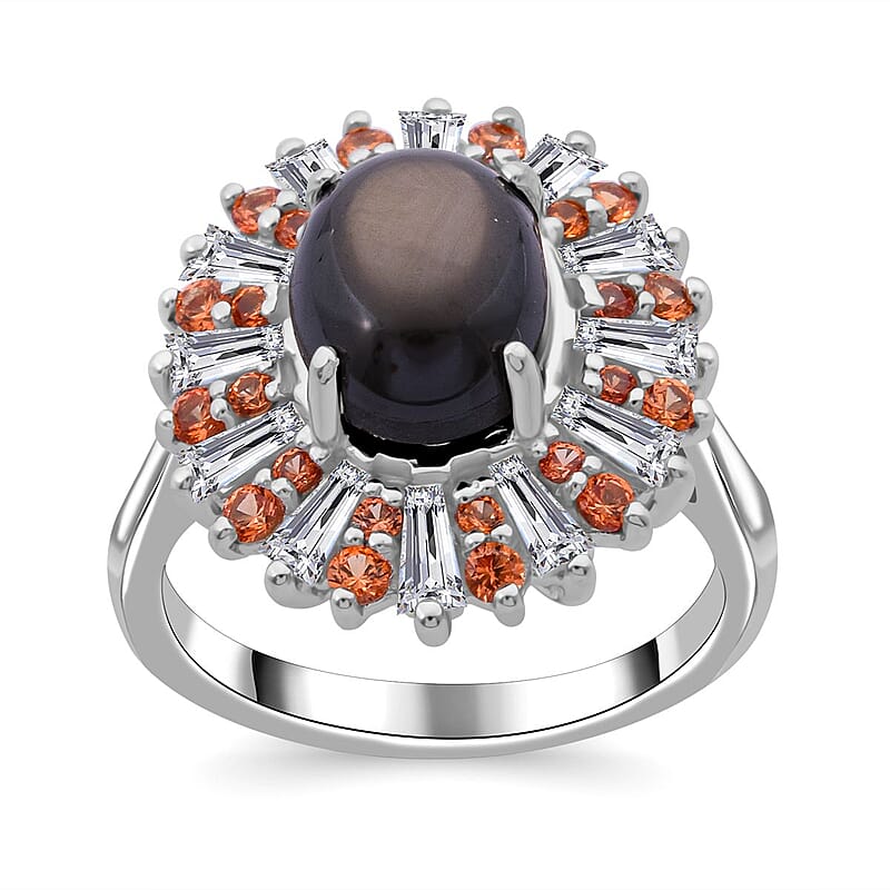 Bankacha Natural Black Star Sapphire and Multi Gemstone 6.50 ctw Celestial Eclipse Ring in Rhodium Over Sterling Silver (Size 10.0)