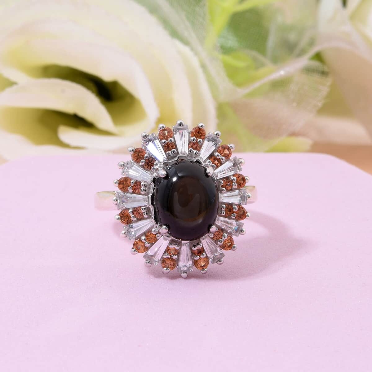 Doorbuster Bankacha Natural Black Star Sapphire and Multi Gemstone 6.50 ctw Star Ray Ring in Rhodium Over Sterling Silver (Size 8.0) image number 1