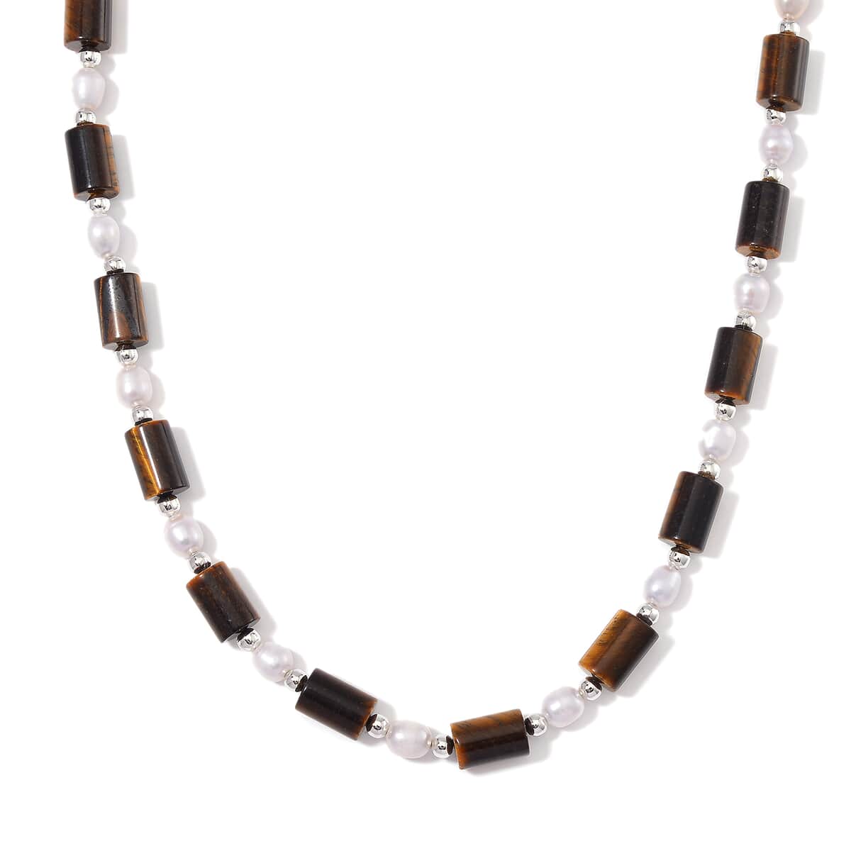 Doorbuster Yellow Tigers Eye 100.00 ctw and Freshwater Pearl Necklace in Silvertone 18-20 Inches image number 0