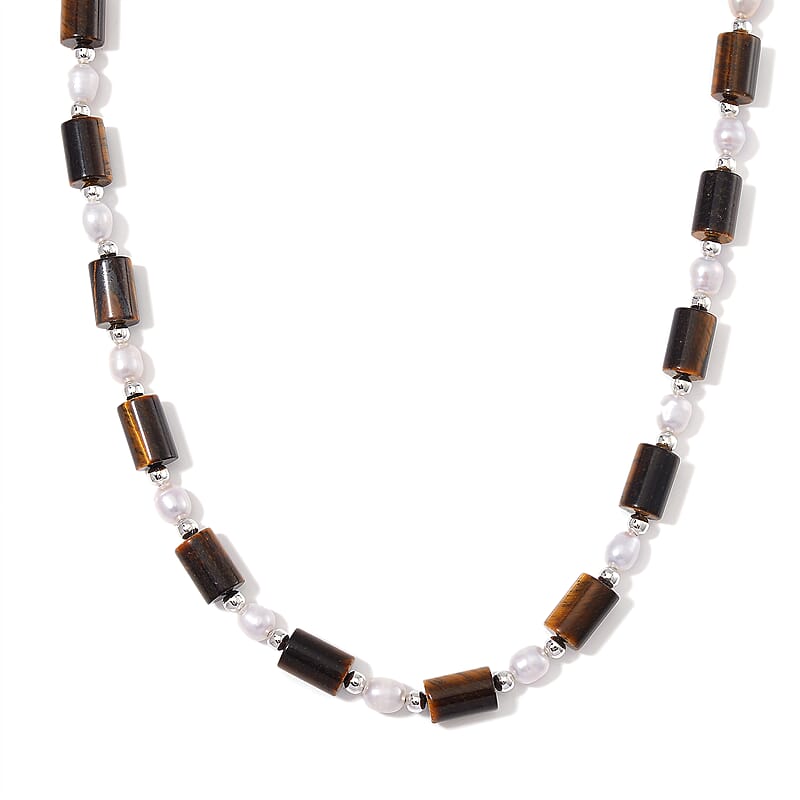 Yellow Tigers Eye 100.00 ctw and Freshwater Pearl Necklace in Silvertone 18-20 Inches