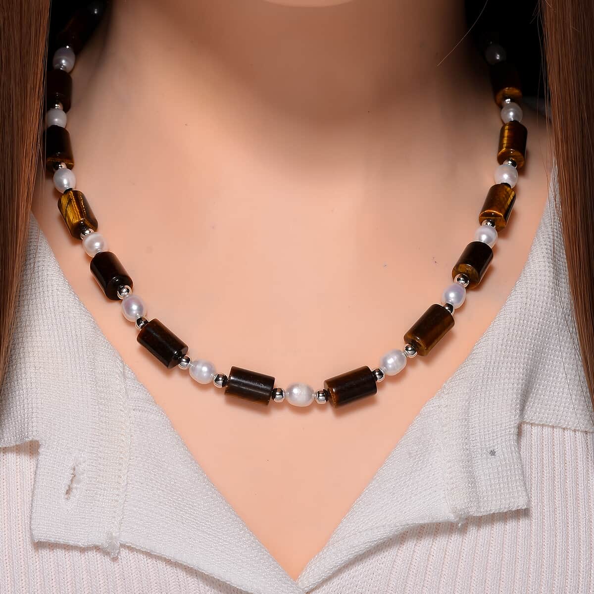 Doorbuster Yellow Tigers Eye 100.00 ctw and Freshwater Pearl Necklace in Silvertone 18-20 Inches image number 1