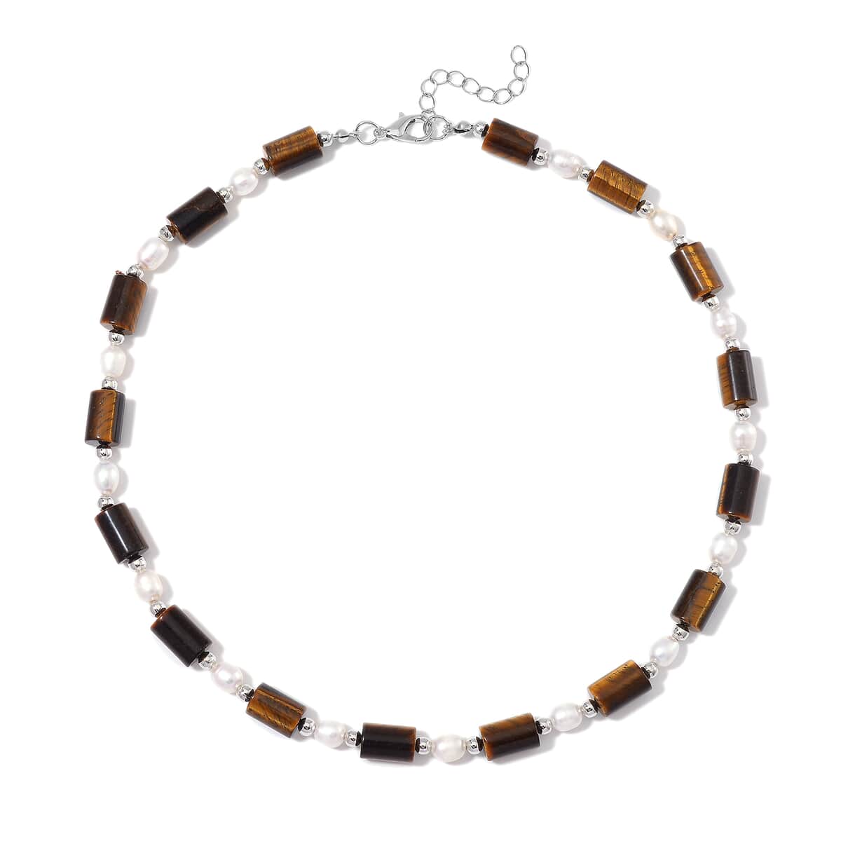 Doorbuster Yellow Tigers Eye 100.00 ctw and Freshwater Pearl Necklace in Silvertone 18-20 Inches image number 2