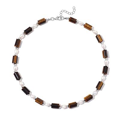 Yellow Tigers Eye 100.00 ctw and Freshwater Pearl Necklace in Silvertone 18-20 Inches