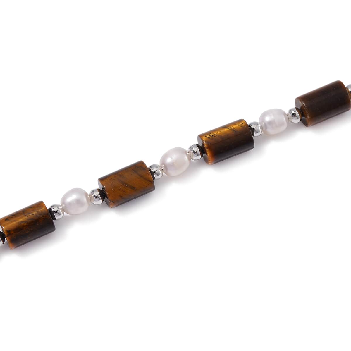 Doorbuster Yellow Tigers Eye 100.00 ctw and Freshwater Pearl Necklace in Silvertone 18-20 Inches image number 3