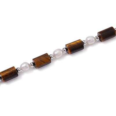 Yellow Tigers Eye 100.00 ctw and Freshwater Pearl Necklace in Silvertone 18-20 Inches