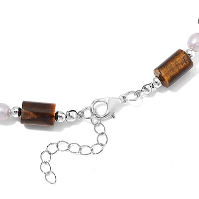 Yellow Tigers Eye 100.00 ctw and Freshwater Pearl Necklace in Silvertone 18-20 Inches