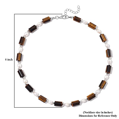 Yellow Tigers Eye 100.00 ctw and Freshwater Pearl Necklace in Silvertone 18-20 Inches