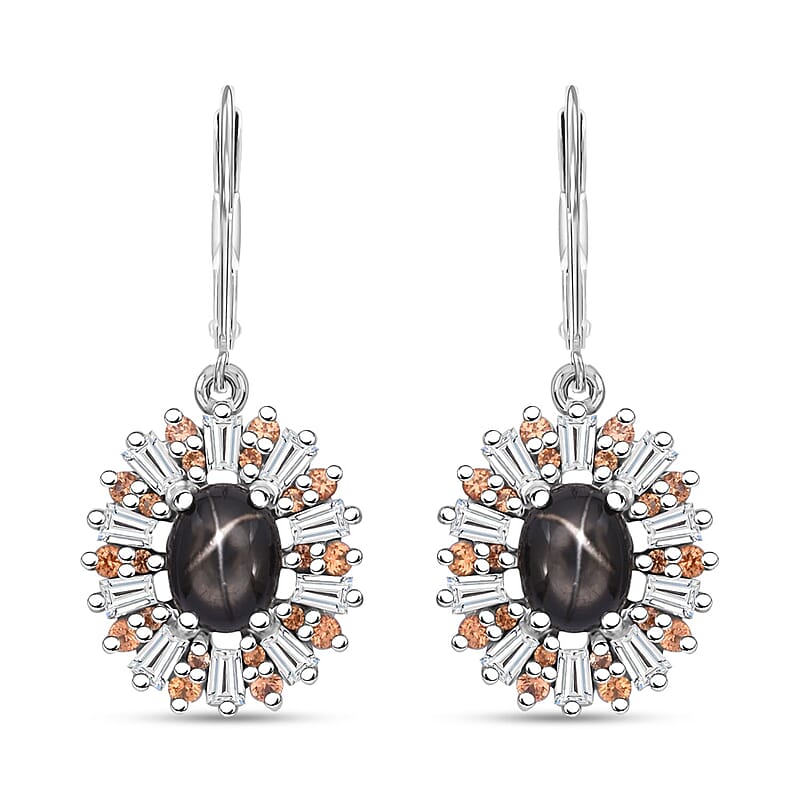Bankacha Natural Black Star Sapphire and Multi Gemstone 7.25 ctw Celestial Eclipse Earrings in Rhodium Over Sterling Silver