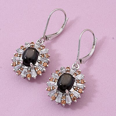 Bankacha Natural Black Star Sapphire and Multi Gemstone 7.25 ctw Celestial Eclipse Earrings in Rhodium Over Sterling Silver