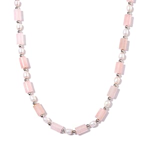 Galilea Rose Quartz 100.00 ctw and Freshwater Pearl Necklace in Silvertone 18-20 Inches