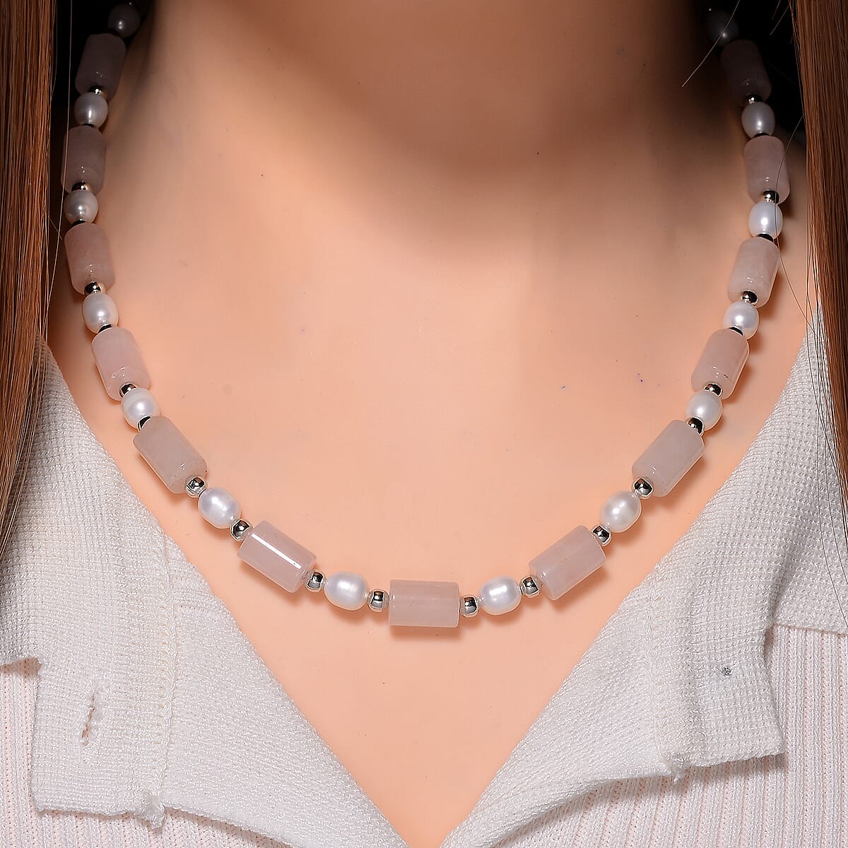 Galilea Rose Quartz 100.00 ctw and Freshwater Pearl Necklace in Silvertone 18-20 Inches image number 1