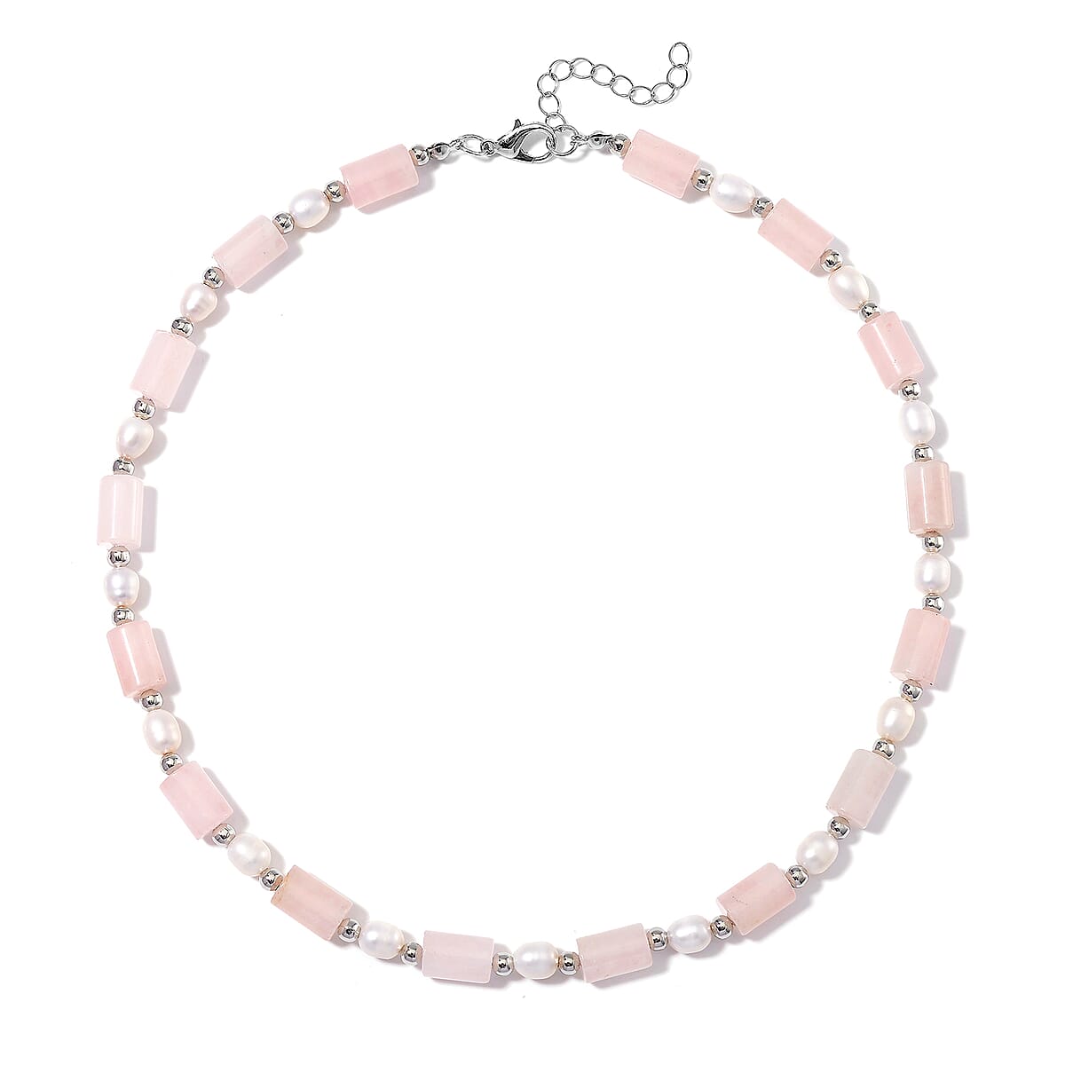 Galilea Rose Quartz 100.00 ctw and Freshwater Pearl Necklace in Silvertone 18-20 Inches image number 2