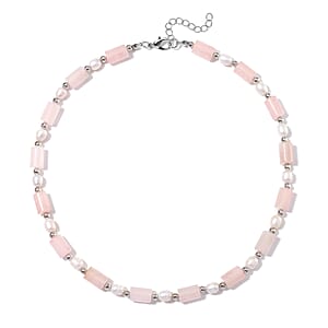 Galilea Rose Quartz 100.00 ctw and Freshwater Pearl Necklace in Silvertone 18-20 Inches
