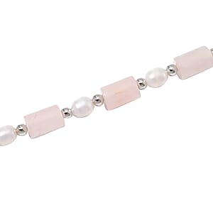 Galilea Rose Quartz 100.00 ctw and Freshwater Pearl Necklace in Silvertone 18-20 Inches