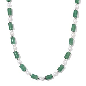 Green Aventurine 100.00 ctw and Freshwater Pearl Necklace in Silvertone 18-20 Inches