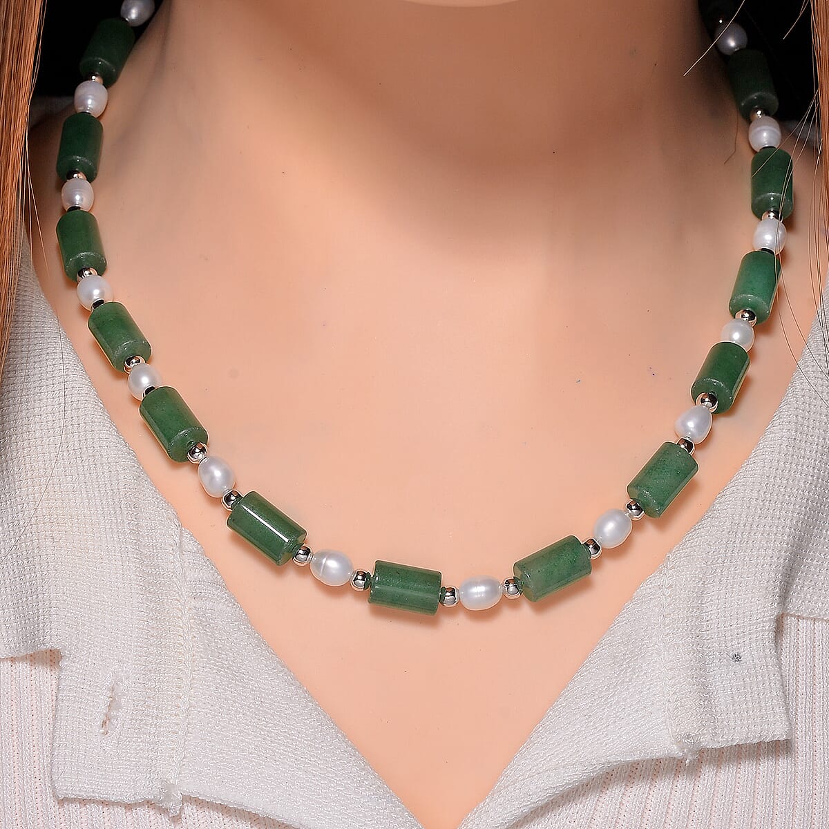 Green Aventurine 100.00 ctw and Freshwater Pearl Necklace in Silvertone 18-20 Inches image number 1