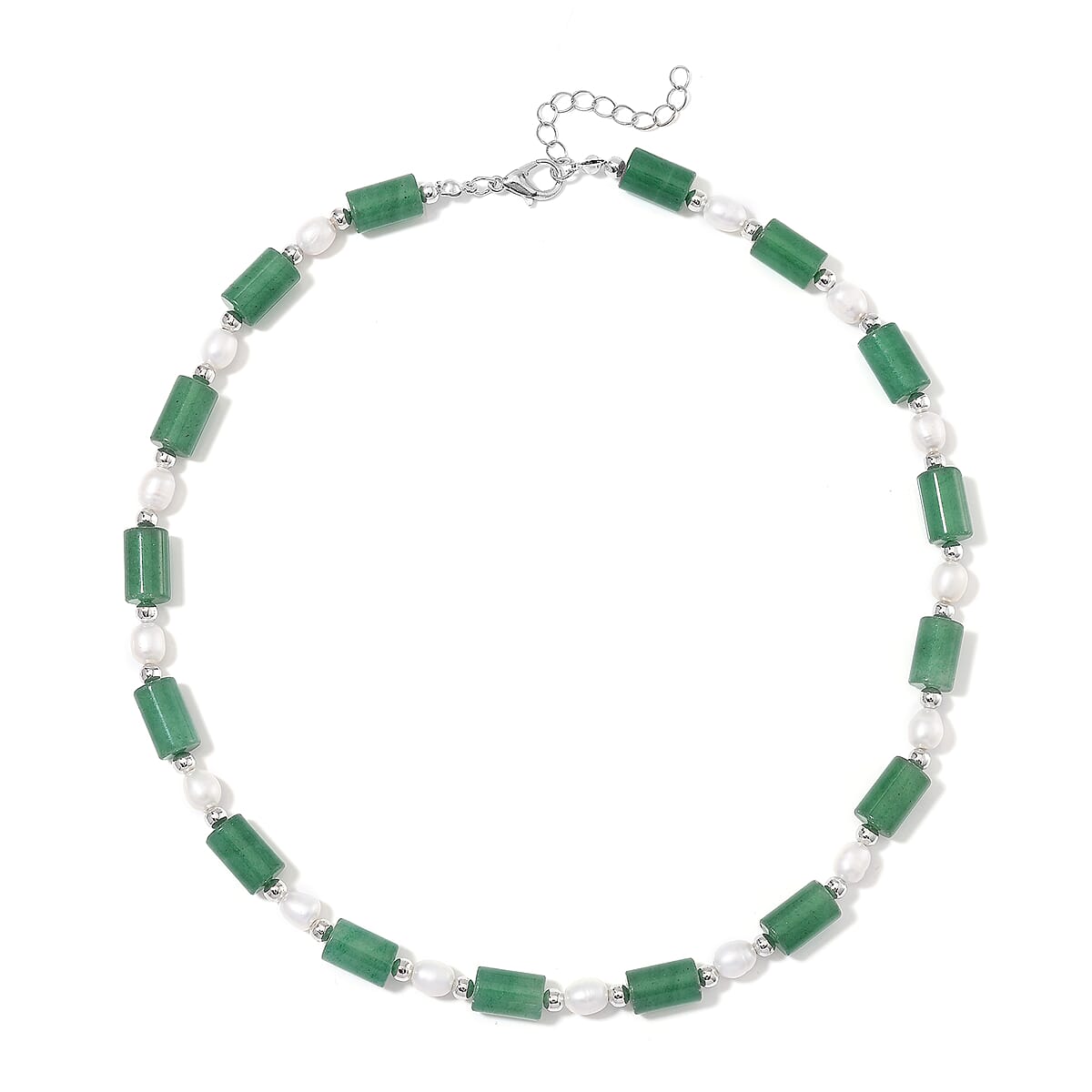 Green Aventurine 100.00 ctw and Freshwater Pearl Necklace in Silvertone 18-20 Inches image number 2