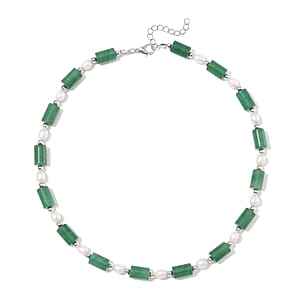 Green Aventurine 100.00 ctw and Freshwater Pearl Necklace in Silvertone 18-20 Inches