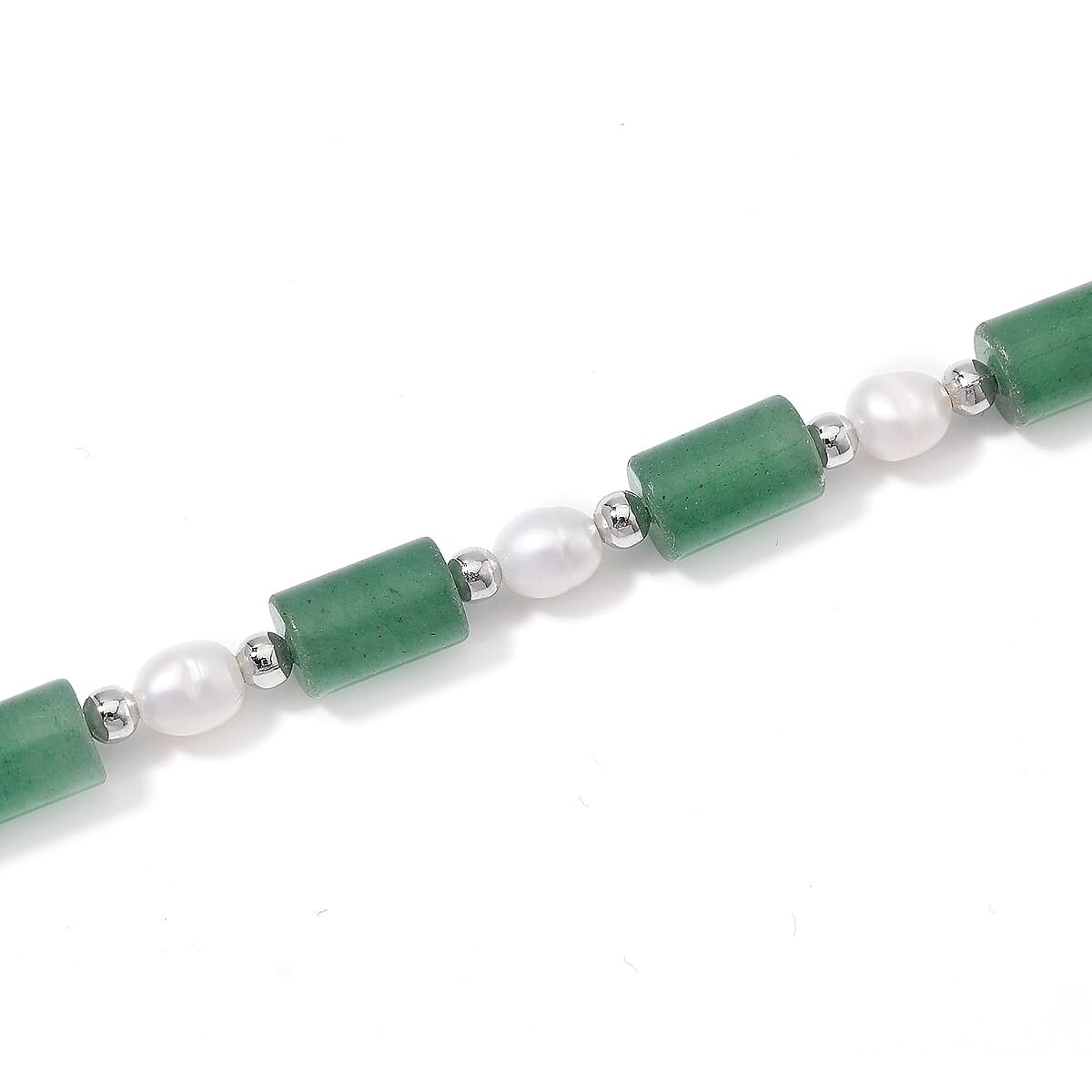 Green Aventurine 100.00 ctw and Freshwater Pearl Necklace in Silvertone 18-20 Inches image number 3
