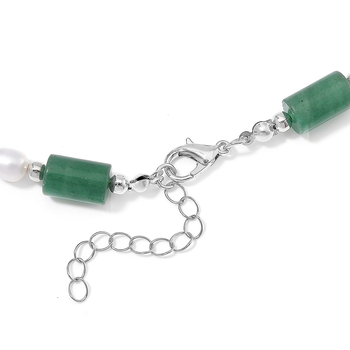 Green Aventurine 100.00 ctw and Freshwater Pearl Necklace in Silvertone 18-20 Inches image number 4