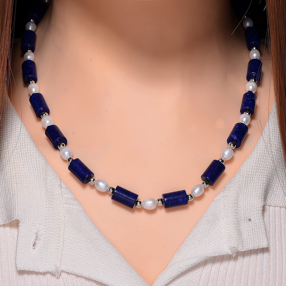 Lapis Lazuli 100.00 ctw and Freshwater Pearl Necklace in Silvertone 18-20 Inches image number 1