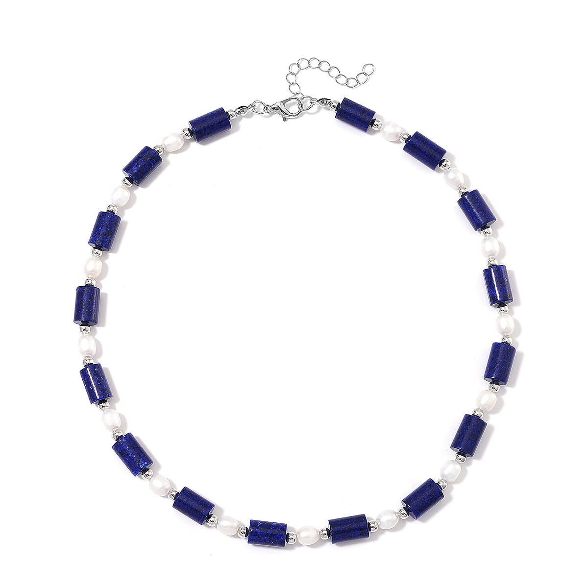 Lapis Lazuli 100.00 ctw and Freshwater Pearl Necklace in Silvertone 18-20 Inches image number 2