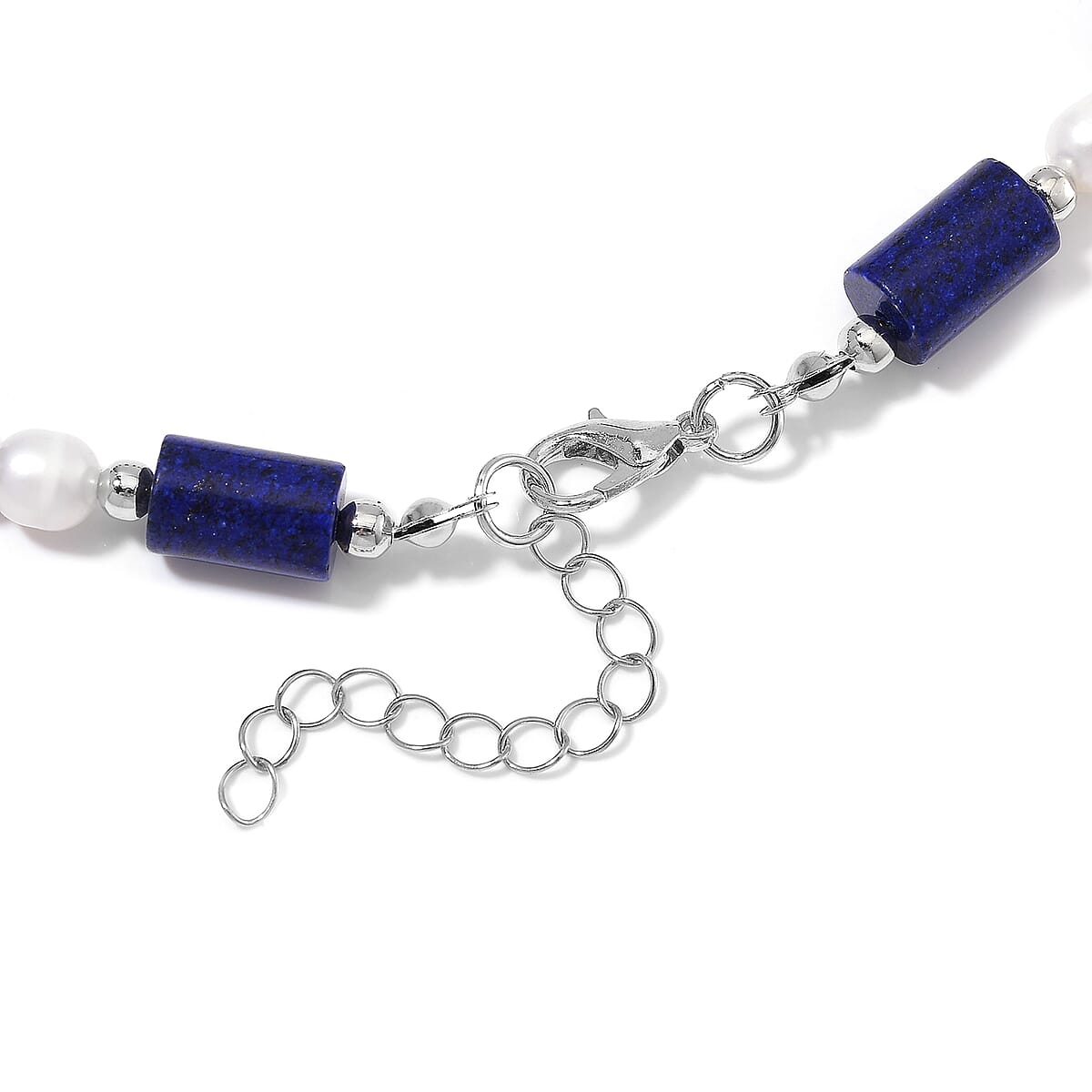 Lapis Lazuli 100.00 ctw and Freshwater Pearl Necklace in Silvertone 18-20 Inches image number 4